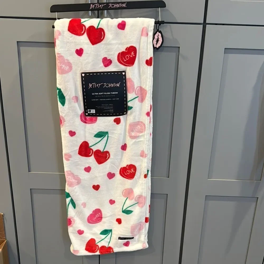 🎉Last deal 🎉Betsey Johnson Heart and Cherry Throw Blanket - Pink, Red, Green